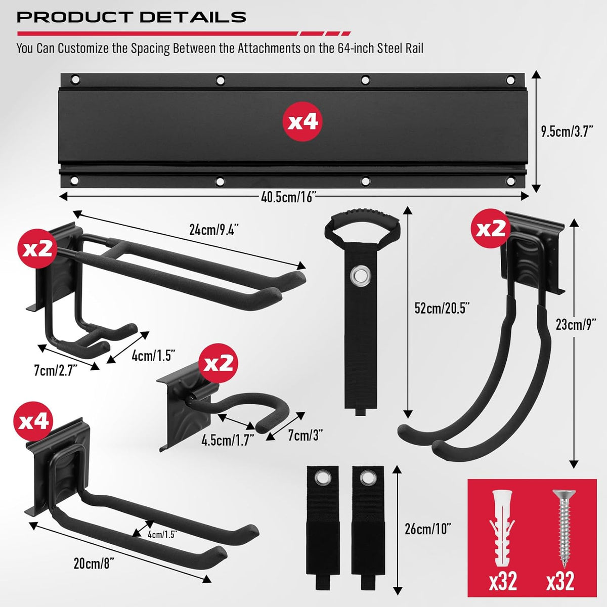 64" Heavy Duty Garage Storage Tool Organizer Wall Mount - Tool Rack with Adjustable Hooks, Anti-Rust, 300lbs Capacity - Easy Installation (4 Racks, 10 Hooks, 3 Straps)
