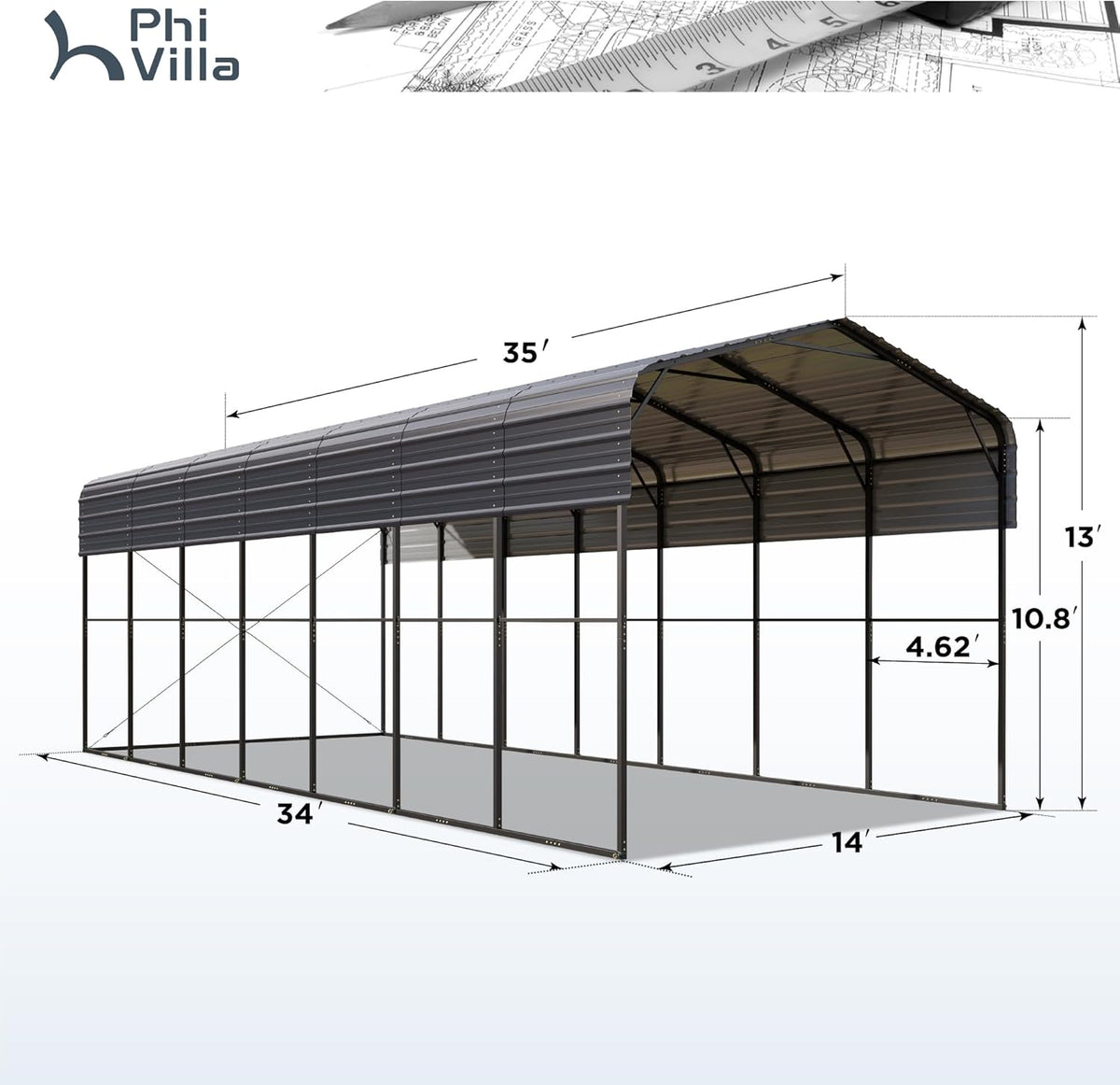 PHI VILLA 35 x 14 ft Heavy Duty Metal Carport with Galvanized Steel Roof for RVs, Cars, Boats, and Tractors