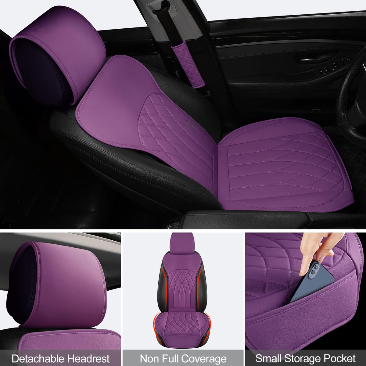 2 Pack Leather Front Car Seat Covers, Universal Sideless Car Seat Protectors with Storage Pocket and Seat Belt Pads, Waterproof Automotive Seat Cover for Cars Trucks SUV(Purple)