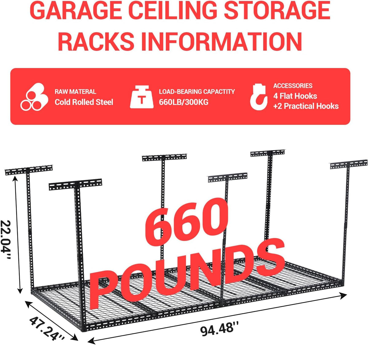 Overhead Garage Storage Rack, Heavy Duty Ceiling Storage Racks for Garage, Adjustable Height, 660LBS Weight Loading,4x8 FT Hanging Organizer Shelving for Warehouse Basement, Black