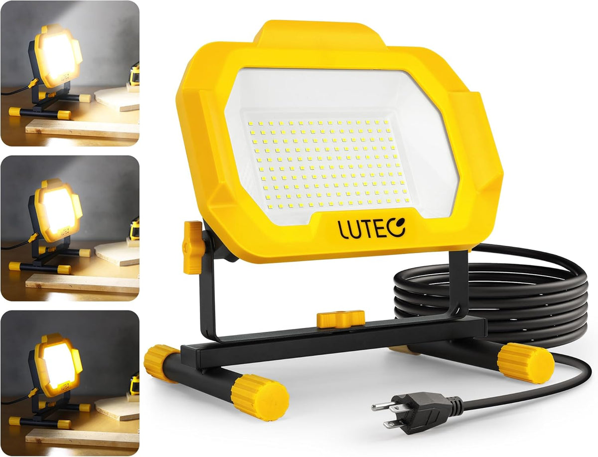 LUTEC 12500 Lumen LED Work Light, Dimmable Flood Lights with 3 Brightness Levels, IP65 Waterproof Portable Job Site Lights with Stand and 5 Ft 3-Prong Power Cord for Workshop Garage Construction Site