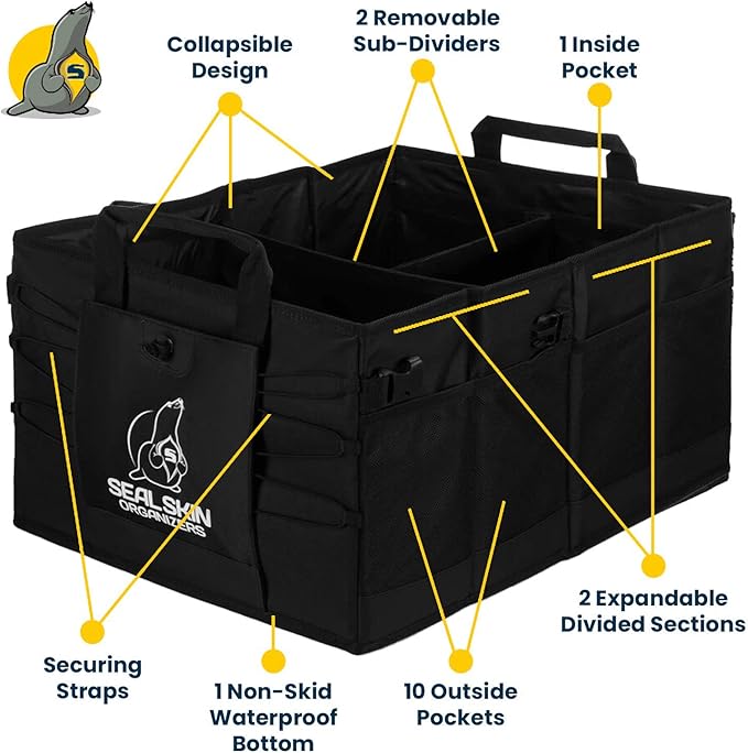 Seal Skin Covers Trunk Organizer for SUV, Car & Truck - Premium Heavy Duty and Collapsible with 3 Adjustable Sizes - Lightweight and Portable Storage Organizer - Easy to Use and Install in Any Vehicle