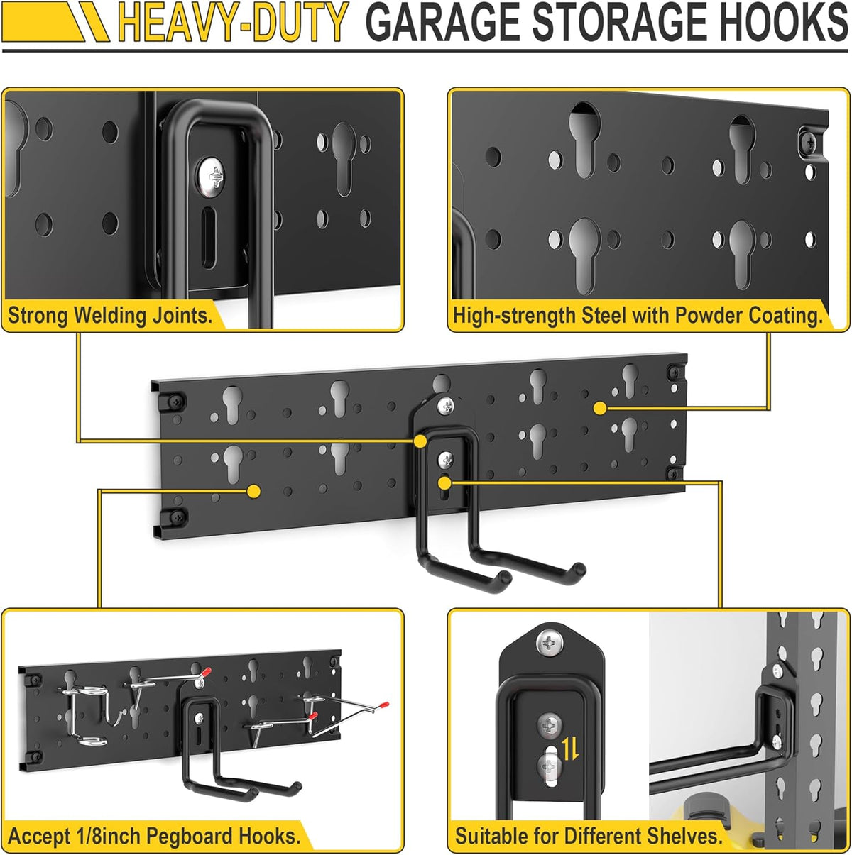 Ultrawall Garage Storage Organization, Versatile Storage Hooks Garden Tool Organizer Wall Mount, 48 Inch Yard Tool Organizer Hangers for Shovels, Rakes, Ladders, 15pcs Black