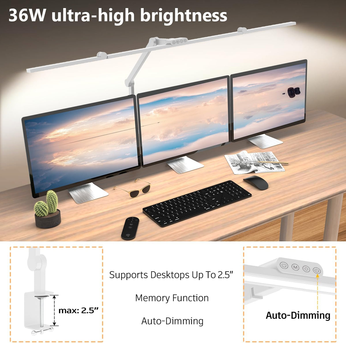 36W Ultra Bright Architect Desk Lamp with Clamp, Tall Overhead Rotatable Led Desk Light for Home Office, 47Inch Long Adjustable Monitor Light Bar with Remote for Computer Screen Desktop Table