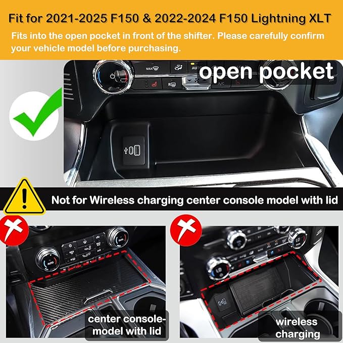 Center Console Compartment Cover for Ford F150 2021-2025 & Lightning XLT 2022-2024, Front Interior Storage Cubby Lid Hidden Secret Pocket Panel (For Open Pocket in Front of Shifter) (USB Hole)