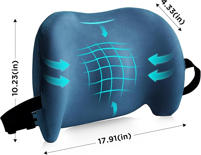 Lumbar Support Pillow for Office Chair, Car Lumbar Pillow Lower Back Pain Relief, Memory Foam Back Cushion with Adjustable Straps, Ergonomic Chair Back Pillow for Gaming Chair, Car, Bed (BLUE)