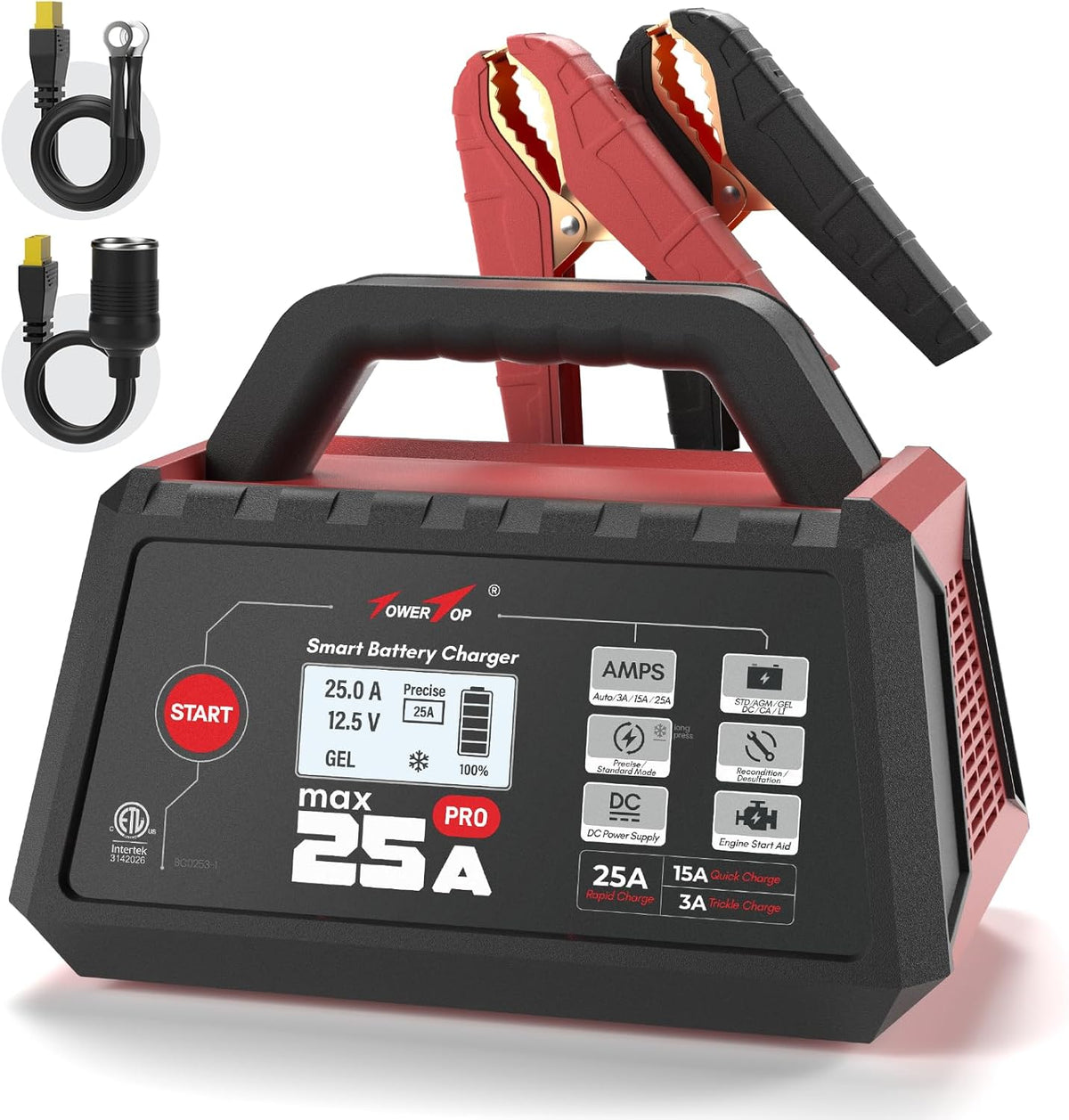 TowerTop 25A Max Pro Battery Charger: 12V Fully Automatic Smart Trickle Charger, Automotive Battery Maintainer with Engine Start, DC Supply, Winter Mode, Recondition,Desulfation, for Lead Acid/Lithium