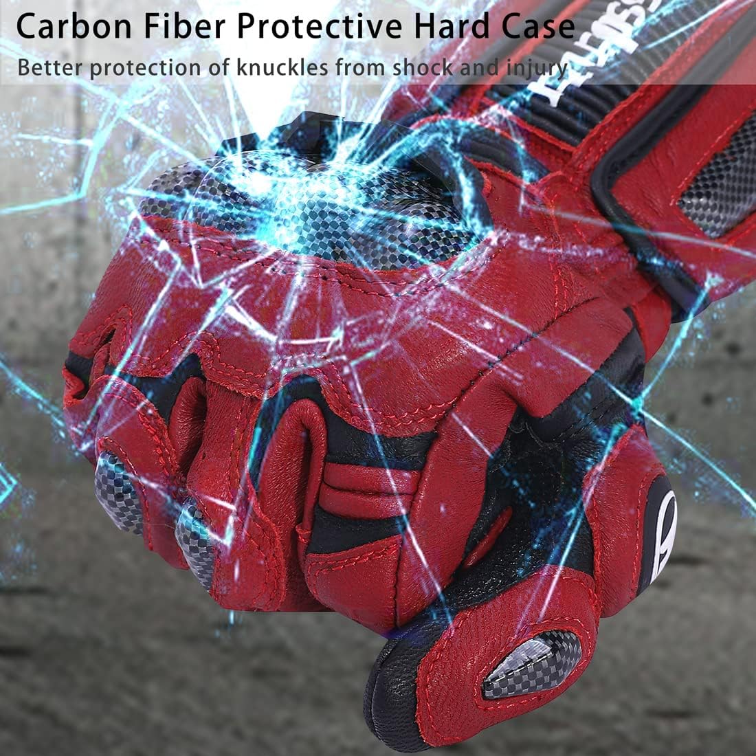 Harssidanzar Leather Motorcycle Gloves for Men and Women,Powersports Carbon Fiber Knuckle Protection Motorbike Gloves KM045