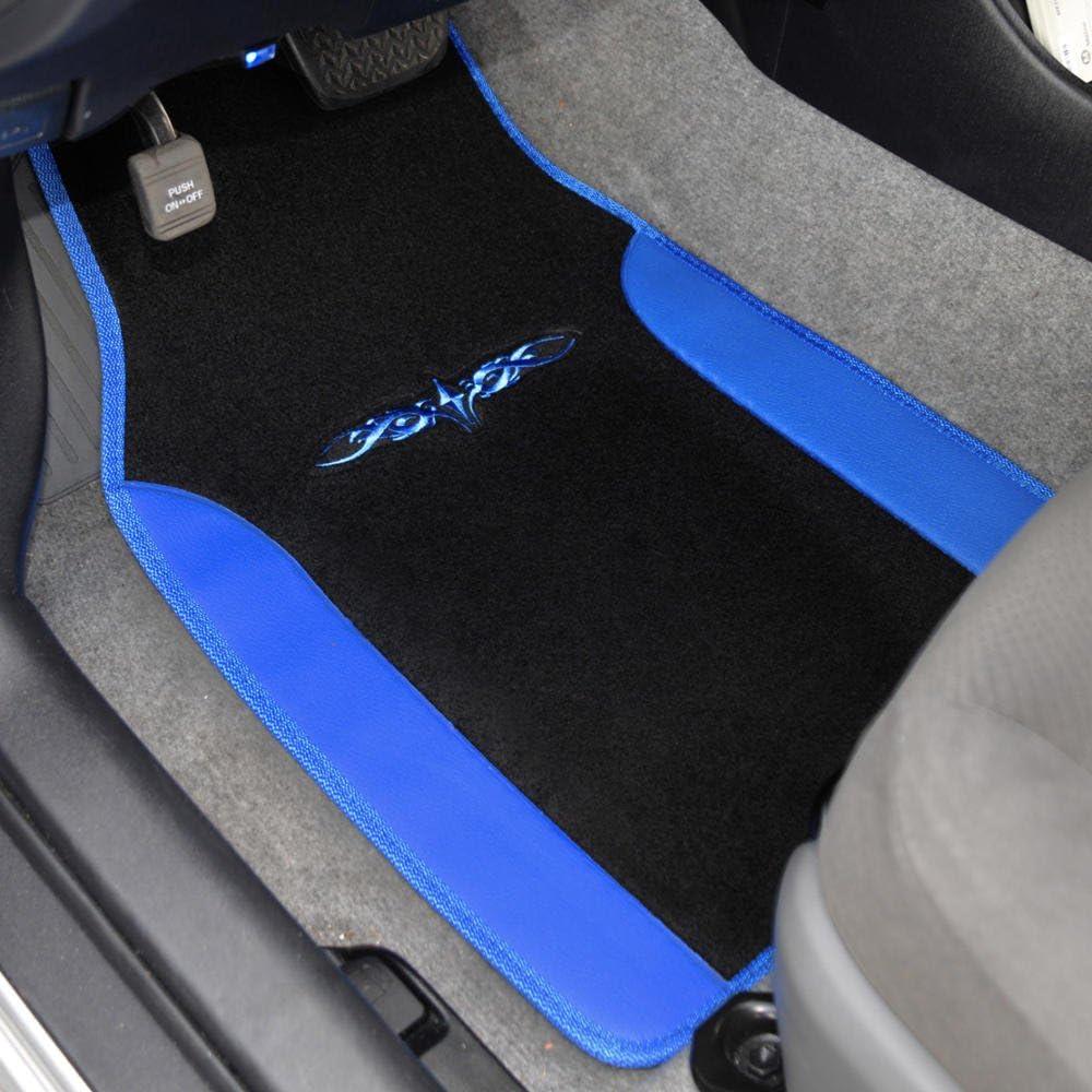 BDK carXS Fresh Two-Tone Carpet Floor Mats, Tribal Tattoo Design with Vinyl Trim for Car Sedan Truck SUV, Front & Rear Set of 4, Blue