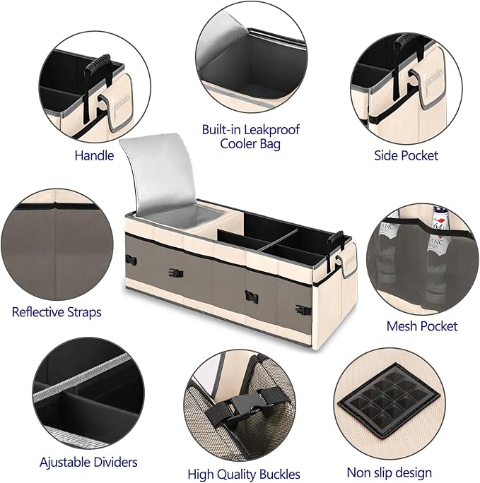 Trunk Organizer with Built-in Insulated Leak Proof Cooler Bag,Collapsible Cargo Organizer for SUV with Non Slip Bottom Strips,3 Large Compartments Foldable Waterproof Portable Car Storage Box