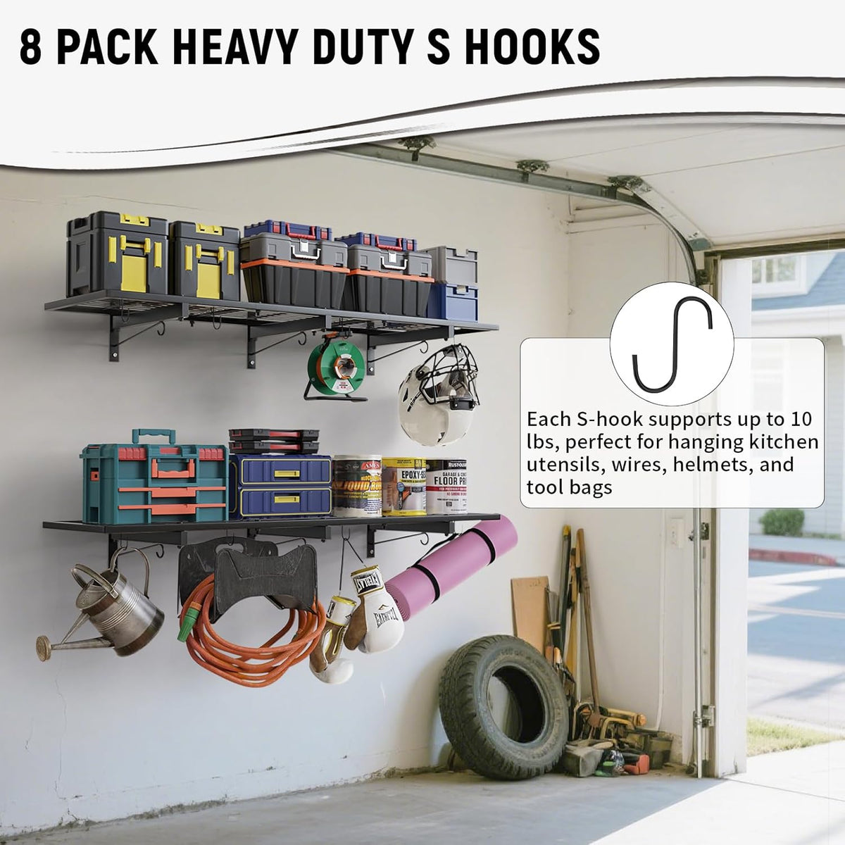2 Pack Garage Wall Shelves, 46"X 12.5" Garage Shelving Wall Mounted, Heavy Duty Wall Shelf Organizer with 8 Hooks, Black Floating Storage Metal Rack 320 LBS Capacity for Laundry Room, Office, Basement