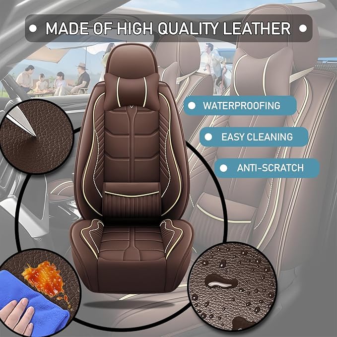 Leather Car Seat Covers Fit for Toyota Corolla iM 2017-2018, 5 Seater Car Seat Cover, Premium Waterproof, Scratch Resistant Car Interior Accessories (Full Set with Pillow Coffee)