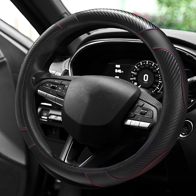 15" Car Steering Wheel Cover, Carbon Fiber Leather Stitching Elastic Steering Wheel Protector, Anti-Slip/Breathable/Durable/Soft, Interior Accessories for Most Cars (Carbon Fiber Black+Black)