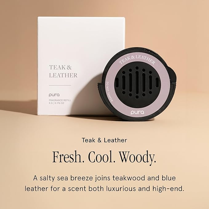 Pura Car Scent Refill - Fragrance for Pura Car Diffuser - Clean & Safe Luxury Diffuser Scent - Long-Lasting Fragrance for 30 Days of Aroma - Teak & Leather