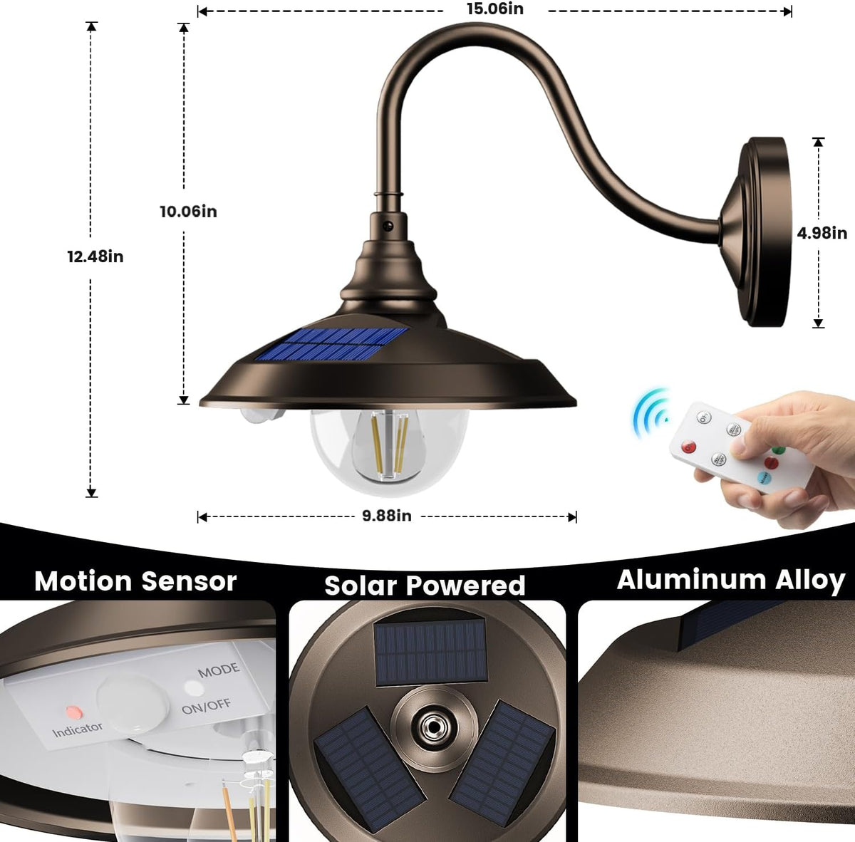 SIEDiNLAR Solar Barn Light Outdoor 3 Modes 2 Lighting, Aluminum Vintage Farmhouse Gooseneck Wall Light Waterproof with Remote & Motion Sensor for Barn Garage Shed Chicken Coop Dark Bronze (2 Pack)