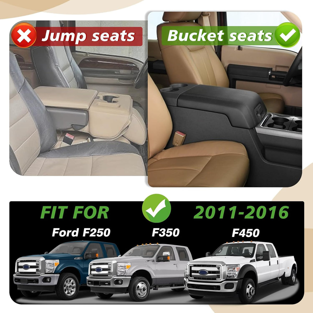 Muslogy Center Console Armrest Cover Compatible with Ford F250 F350 F450 2011-2016 Super Duty Comfort Armrest Pad Arm Rest Cushion Vegan Leather Protector 1-Inch Extra Thick(Bucket Seat ONLY)