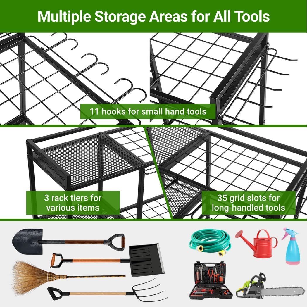 Garden Tool Organizer for Garage, 3 Tiers Garden Tool Holder with Large Tool Slots & Small Tool Hooks, Large Capacity Yard Tool Storage, Heavy Duty Metal Tower Rack for Lawn Garage Shed