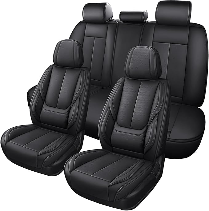 Black Car Seat Cover with Lumbar Support, Car Seat Protector Waterproof, Nappa Leather Car Seat Cushion, Car Seat Covers Front Seats and Back Fit for Most Cars