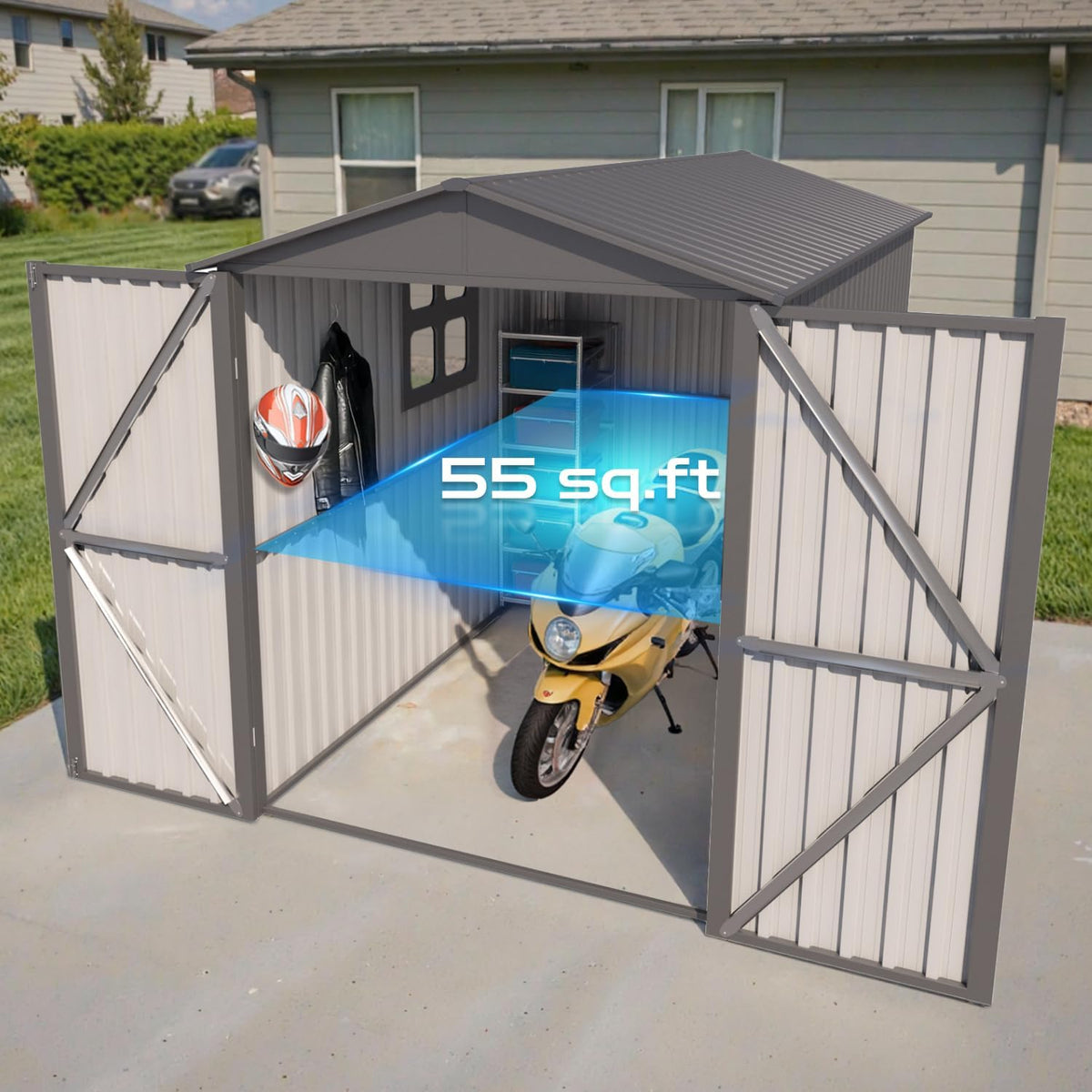 5’ x 10’ Motorcycle Storage Sheds, Metal Shelter & Garage with Windows and Lockable Door Handle, Heavy Duty Vehicle Shed for All Weather, Anthracite