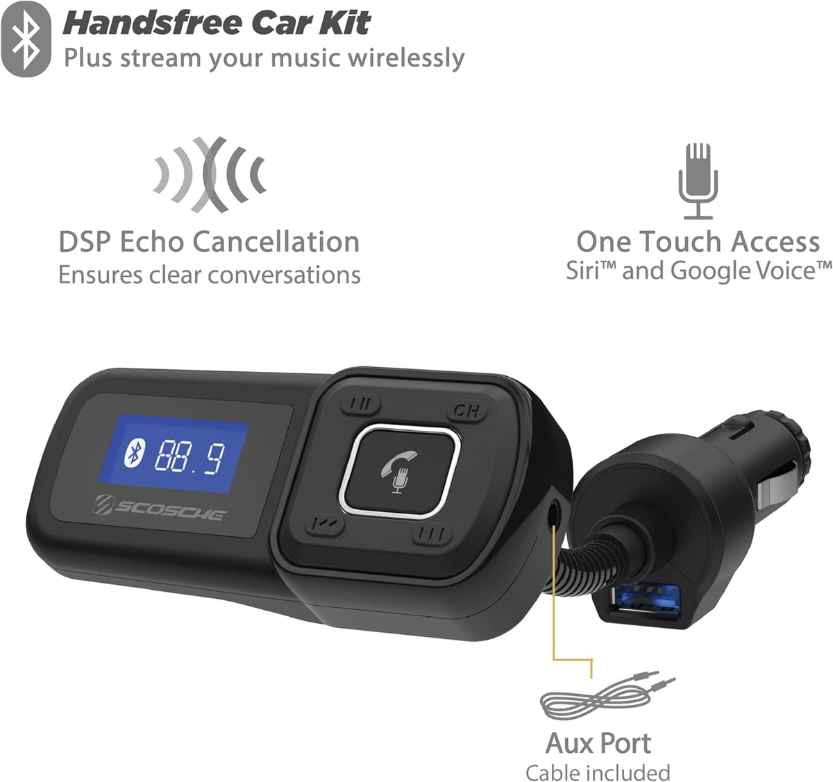 Scosche BTFM2A BTFREQ Universal Bluetooth Hands-Free Car Kit with Digital FM Transmitter and 10-Watt USB Car Charger, Stream Smartphone Audio