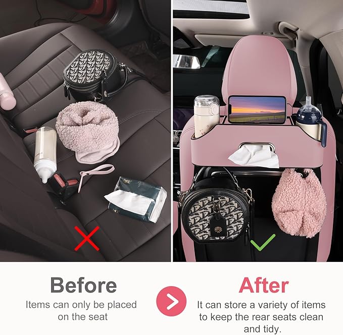 Car Rear Backseat Extra Multifunctional Drink Cup Holder Organizers with Tissue Storage Box Organizer & Hooks for Car Seat Back. Pink