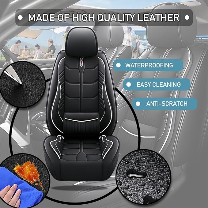 Leather Car Seat Covers Fit for Toyota Corolla 1997-2024, 5 Seater Car Seat Cover, Premium Waterproof, Scratch Resistant Car Interior Accessories (Full Set Black White)