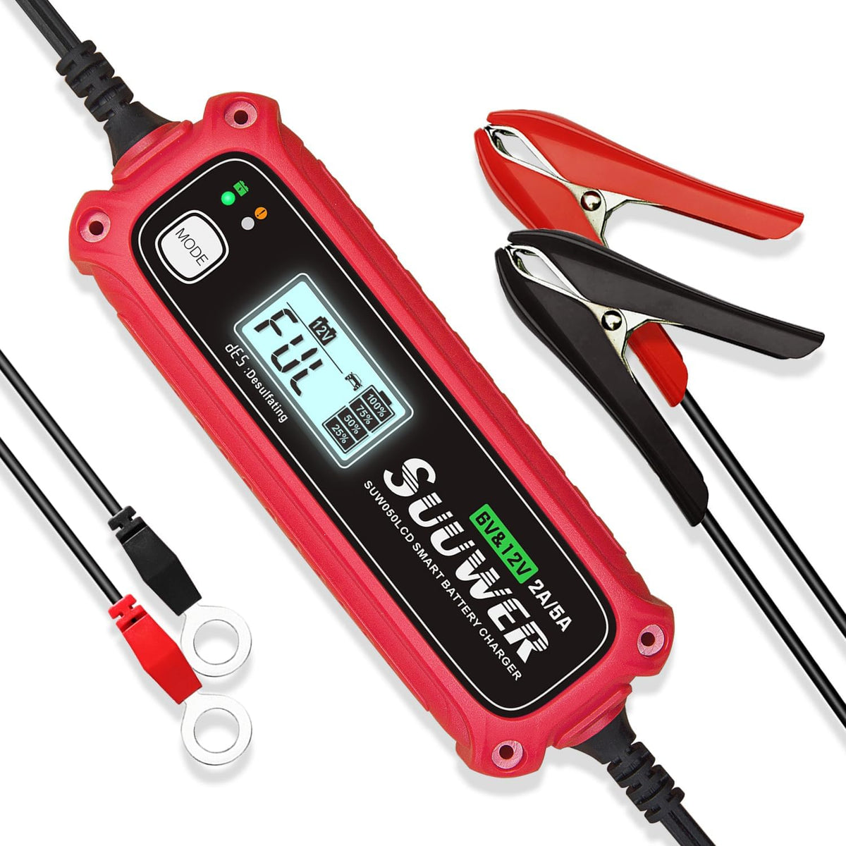 5-Amp High-Efficiency 6V&12V Smart Car Battery Charger, Battery Maintainer, Trickle Charger, Float Charger and Desulfator for Car, Motorcycle, ATV, Lithium (LiFePO4) and Deep Cycle Batteries