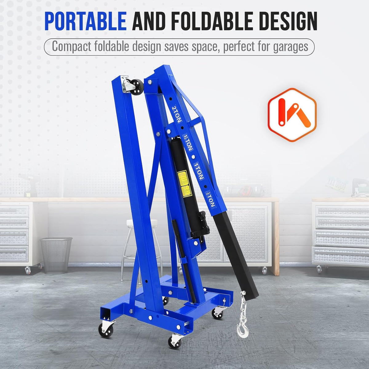 2 Ton Engine Hoist, Hydraulic Cherry Picker Engine Hoist Lift, 4400LBS Heavy Duty Crane Lifter with 6 Casters and Telescopic Boom, Foldable & Portable Design, for Garage, Workshop, Warehouse (Blue)