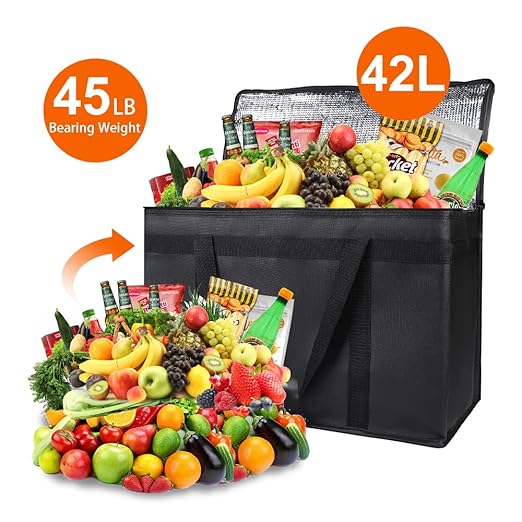 Bodaon 1-Pack Insulated Food Delivery Bag, XX-Large Reusable Grocery Shopping Bag, Frozen Food Cold, Cooler Bags with Zippered Top, Black