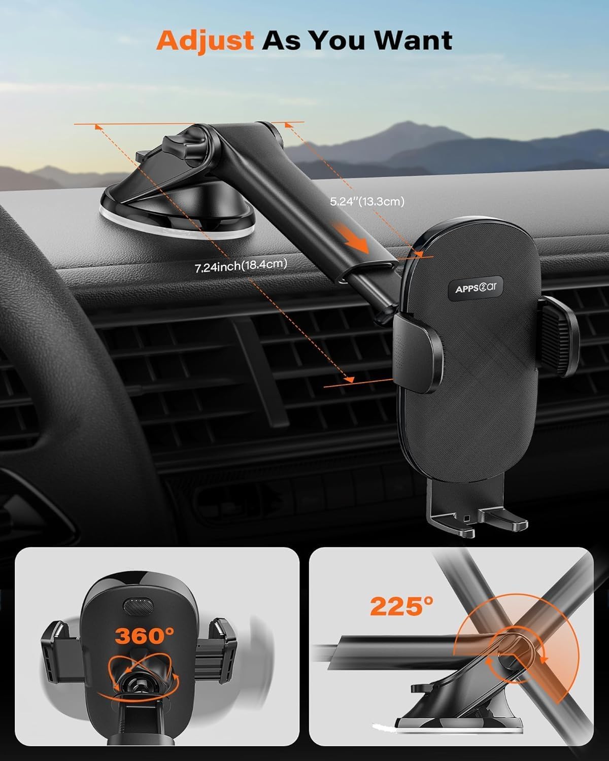 APPS2Car Car Phone Holder for Dashboard & Windshield, Adjustable Long Arm, Strong Suction Cup, Compatible with iPhone, Samsung, All Phones