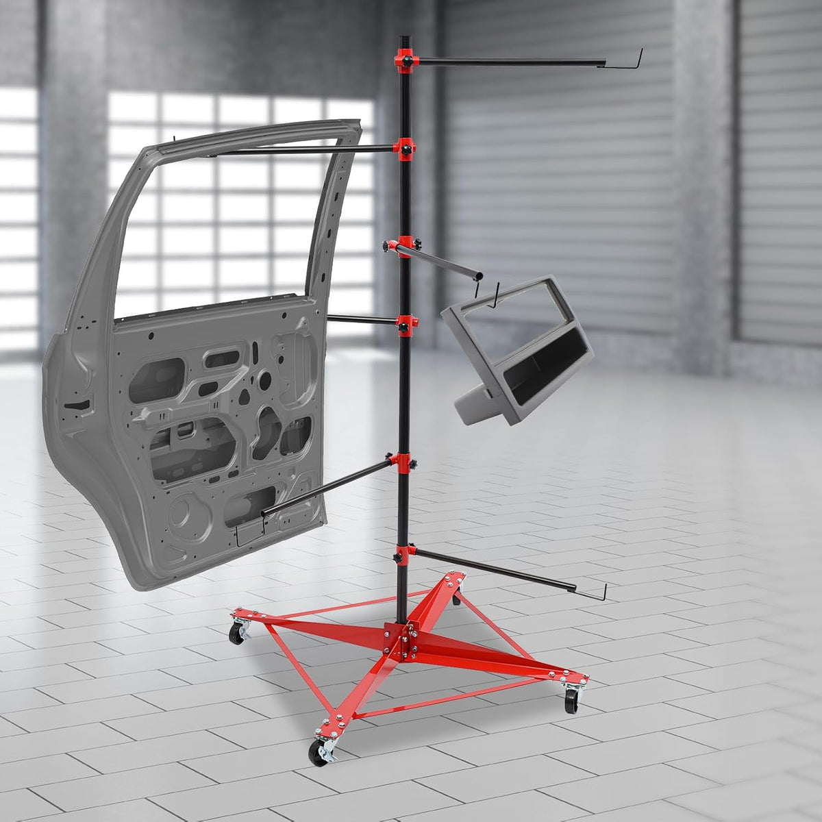 Panel Tree Stand for Painting Rotatable FreeStanding Panel Paint Holder with Wheels Adjustable Center Post for Hang Automotive Doors Fenders Bumpers, Car Repair Shops, Garages(29.5*29.5*70.87in)