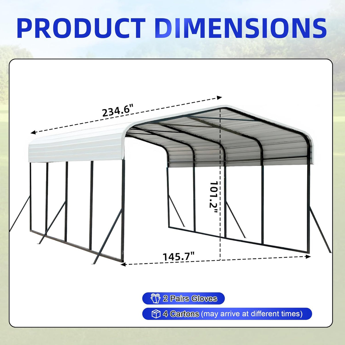12x20 Metal Carport with Base Fixings Heavy Duty Garage Outdoor Chrome Plated Frame and Sheet Metal Construction Suitable for Boats, Cars, Tractors and Agricultural Equipment, White