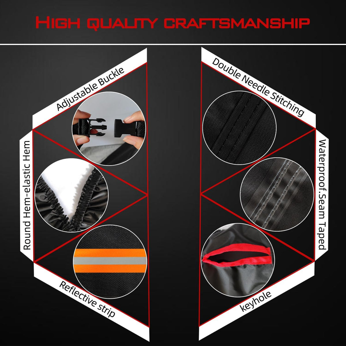 Motorcycle Cover, Heavy Duty 600D Oxford, Waterproof Outdoor, Weather Resistant, Rip-Proof, Anti-UV with 5 Reflective Strips, 2 Lock-Holes, 1 Windproof Strap, 1 Storage Bag (116" x 41" x 50")