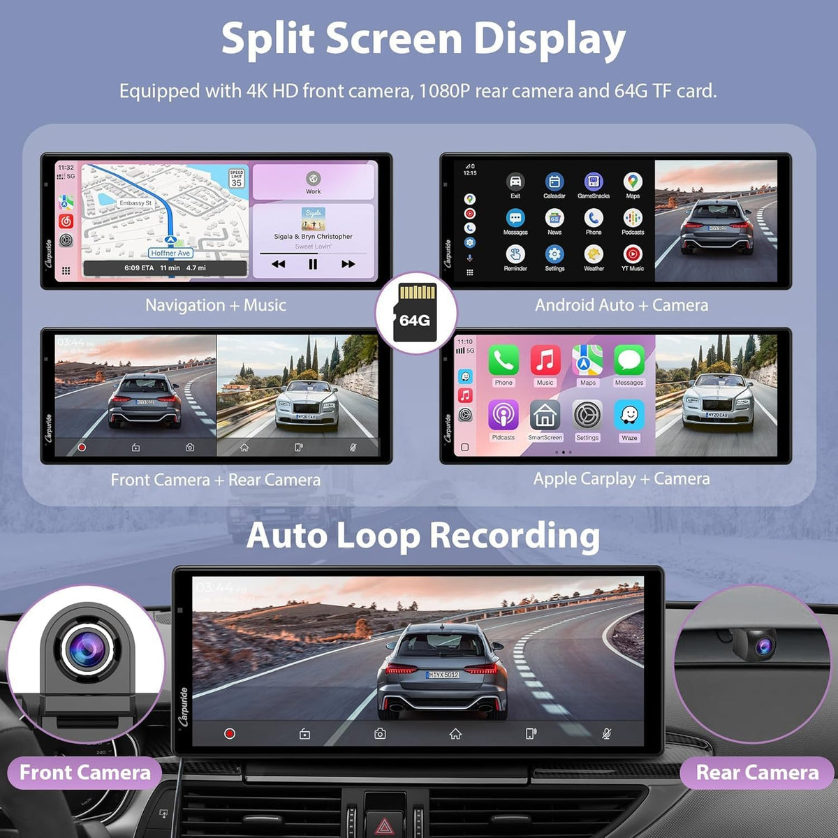 2025 Carpuride Wireless Carplay & Android Auto with Dash Cam - 10.26 Inch HD IPS Touch Car Play Screen for Car, 4K Front & 1080P Rear Camera, Loop Recording, Bluetooth Audio, Mirror Link, GPS, Siri