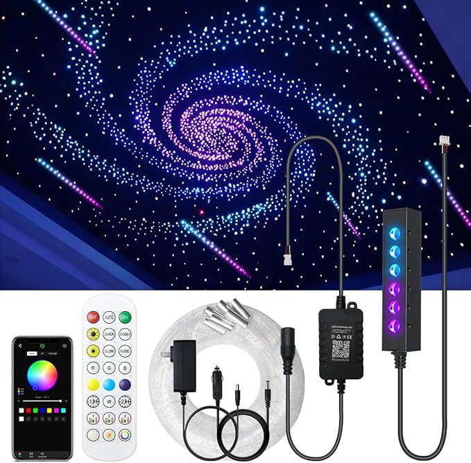 AKEPO 3.2W 6-Hole RGB Colorful Fiber Optic Light Kit, Car Home APP Control 13.1ft 360pcs*0.75mm/0.03in Optical Fiber Mixed Color Chasing Timer MIni Size Star Ceiling Light