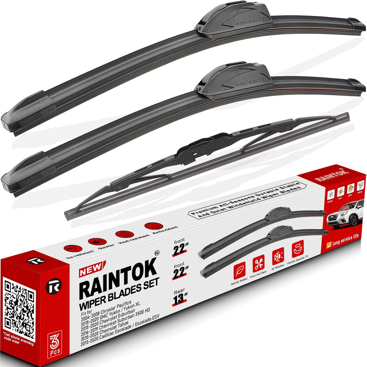 Windshield Wiper Blades Replacement for 2004-2008 Chrysler Pacifica / 2015-2020 GMC Yukon Chevrolet Suburban Tahoe Cadillac Escalade Front Rear Wipers Blade Set - 22" 22" 13"
