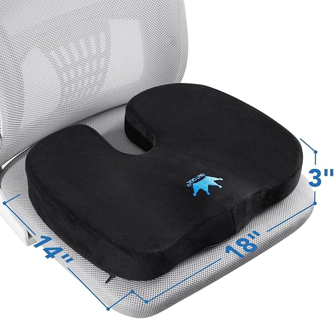 Seat Cushion for Office Chair & Car - Memory Foam Coccyx Support Pillow with Non-Slip Cover, Sciatica & Lower Back Pain Relief,Ergonomic Seat Pad for Long Drives (Medium Firm-Black)