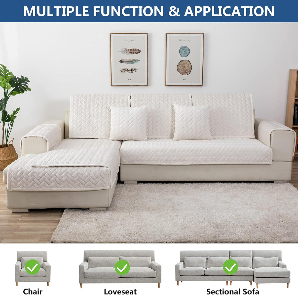 Eismodra Couch Cover,Sectional Couch Covers,Sofa Covers for 3 Cushion Couch,Anti-Slip Sofa Slipcovers for Dogs Cats Kids Loveseat Recliner L Shaped Armrest Backrest,White 43''x94''(Only 1 Piece)