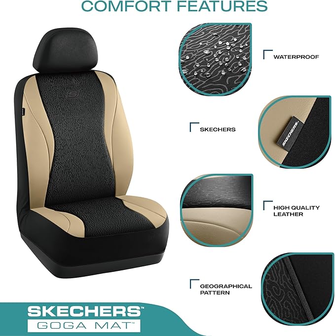 Skechers Car Seat Covers,Leather Seat Covers with GOGA Mat Technology,Waterproof Car Seat Covers Full Sets,Airbag Compatible,Comfort Universal Fit for Most Cars,Vans,Trucks,SUVs,Beige