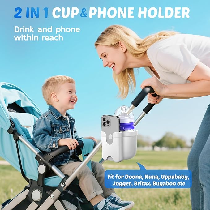 Stroller Cup Holder with Phone Holder, Guiseapue Cup Holder for Walker, Wheelchair/Bike/Rollator/Scooter Stroller Accessories for Uppababy, Nuna, Doona,Baby Travel Essential - White