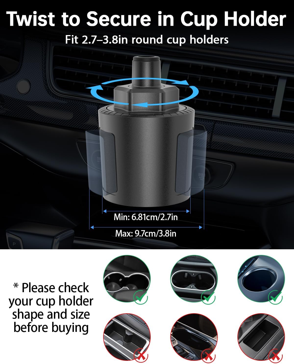 12V Car fan, 3-Speed Portable Vehicle Fan for Front Seat, Cigarette Lighter Powered with Car Charger, Mounted in Cup Holder, 360° Rotation, Car Necessities for Dog/SUV/RV/Truck/Van