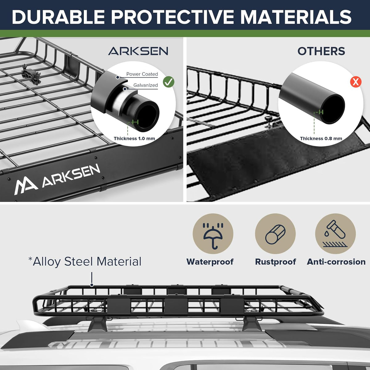 ARKSEN 54 x 39 x 5 Inch Upgrade Universal Roof Rack with Waterproof Bag, Cargo Net&2 Ratchet Straps - 150Lbs Capacity Heavy Duty Rooftop Cargo Carrier with Extension for Car, SUV & Pickup