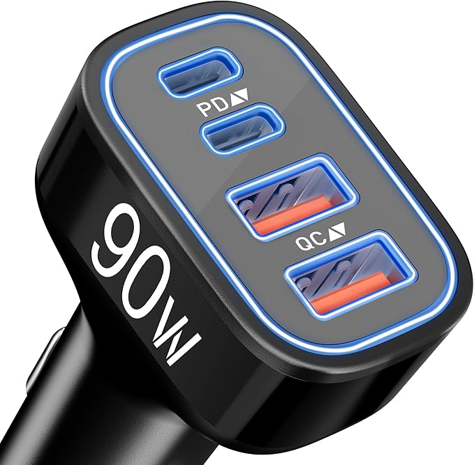 [4 in 1] USB C Car Charger, 4-Port 90W Super Fast Charging Cigarette Lighter USB Charger Multiport Car Phone Adapter Accessories for iPhone 17 16 15 14 13 12 Pro Max, iPad, Galaxy S26 S25 S24, Android