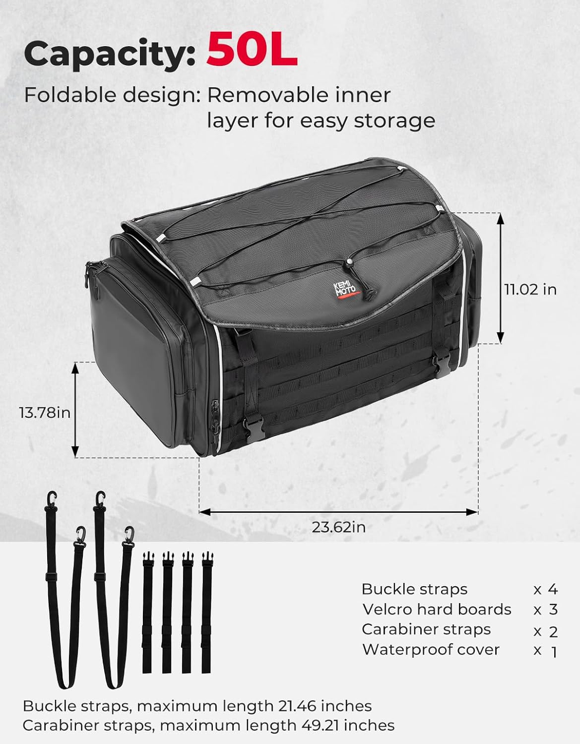 KEMIMOTO Motorcycle Tail Bag, Dual Use Motorcycle Rear Seat Bag with Waterproof Rain Cover, 50L Expandable Motorbike Helmet Bag Luggage Storage Backpack