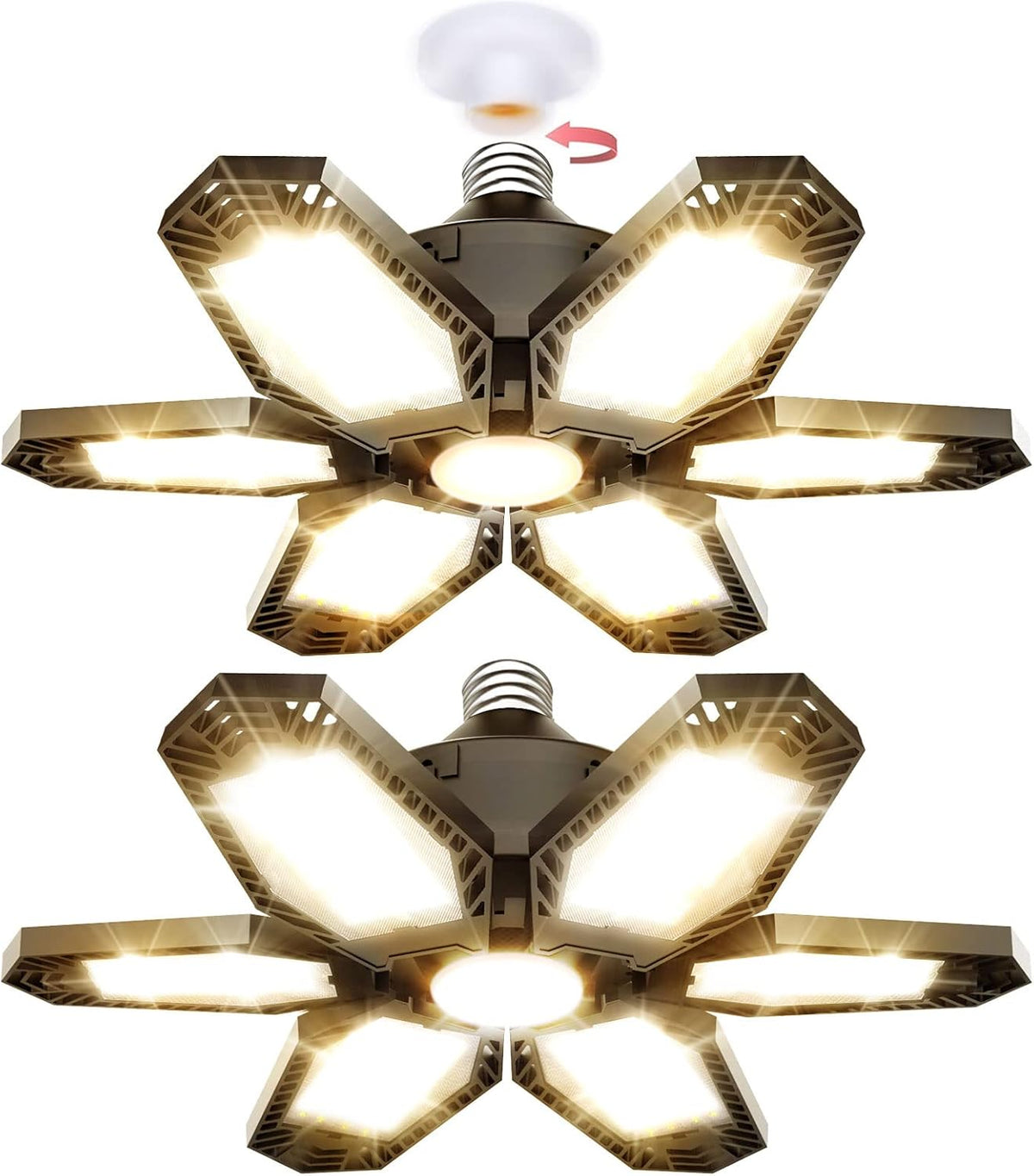 TANBABY 2 Pack Garage Light Warm 150W Led 3000k Garage Lighting 12000LM [Equivalent] Deformable Garage Light Ceiling with 6 Panels E26/E27 Base Illuminator 360 Basement Lights for Shop