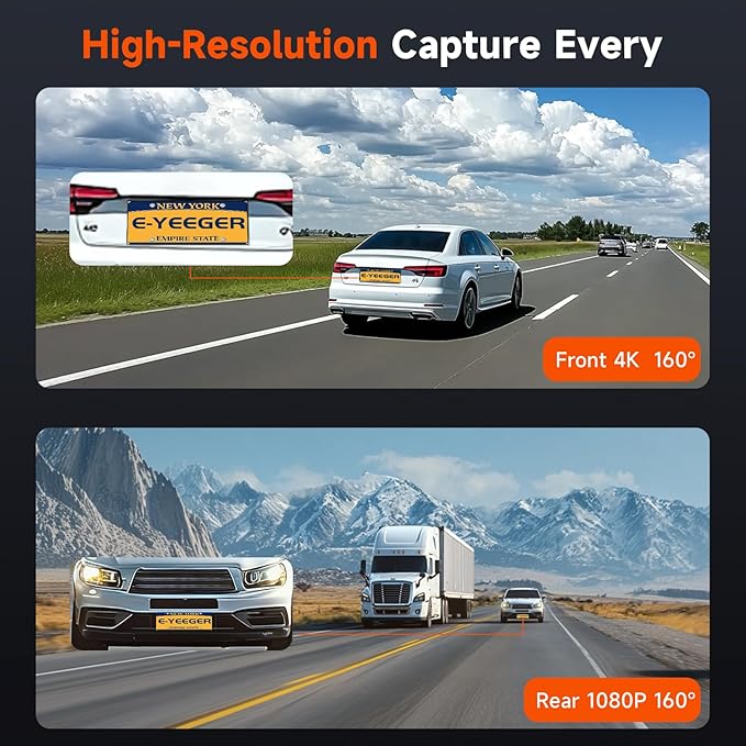 E-YEEGER Dash Cam Front and Rear, 4K+1080P Dual Channel Dash Camera for Cars with Night Vision, Mini Car Camera with 1.97” IPS Screen, G-Sensor, 24H Parking Mode, Loop Recording 32GB Card Included