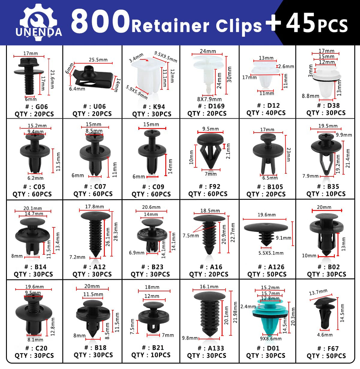 Car Push Retainer Clips 845pcs with 24Most Popular Push Pins for Automotive Parts Sizes Auto Push Pin Screw Clips with 10 Cable Ties and Blue Fastener Remover for Ford GM Toyota Honda Chrysler Nissan