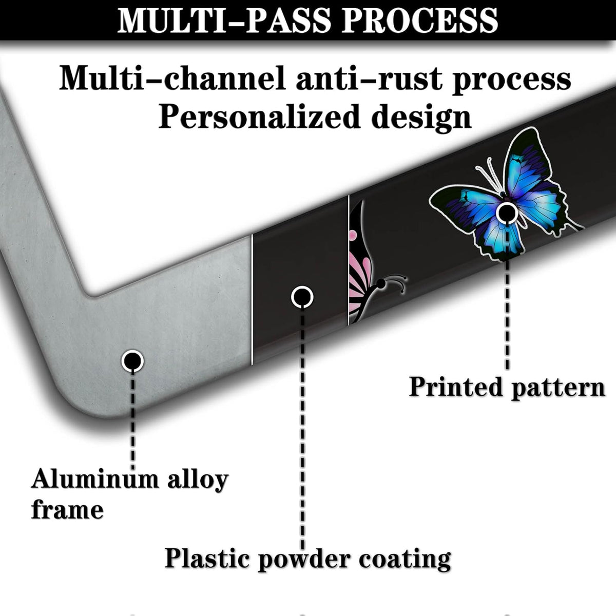 License Plate Frames for Women Multicolor License Plate Frame Holder for Men Butterfly Aluminum Metal Car Accessory 2 Pack with Screw Covers Set