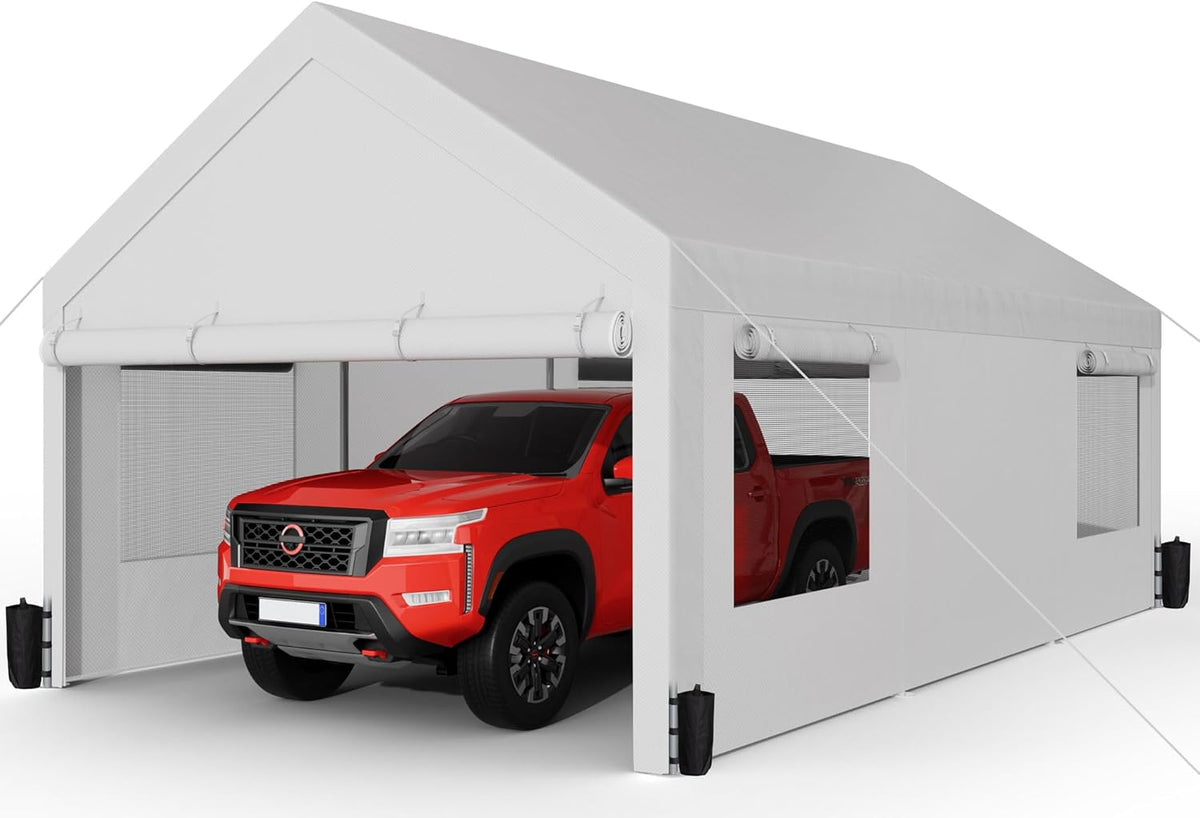 Shintenchi Carport 12' x 20' Heavy Duty Portable Garage, Car Port Canopy with Side-Opening Removable Door & Roll-Up Windows, Car Canopy for Truck,Car,Boat,Motorcycle,White