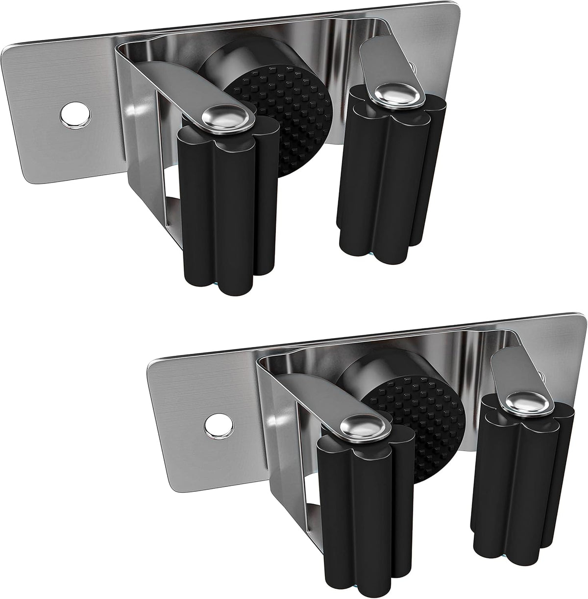 Self Adhesive Broom and Mop Holder Wall Mounted – SUS304 Stainless Steel 2-Slot Organizer with Anti-Slip Rubber Grips, 25lb Load, Adjustable for 0.6–1.4" Handles, Garage Kitchen Bathroom Use, 2 Pcs